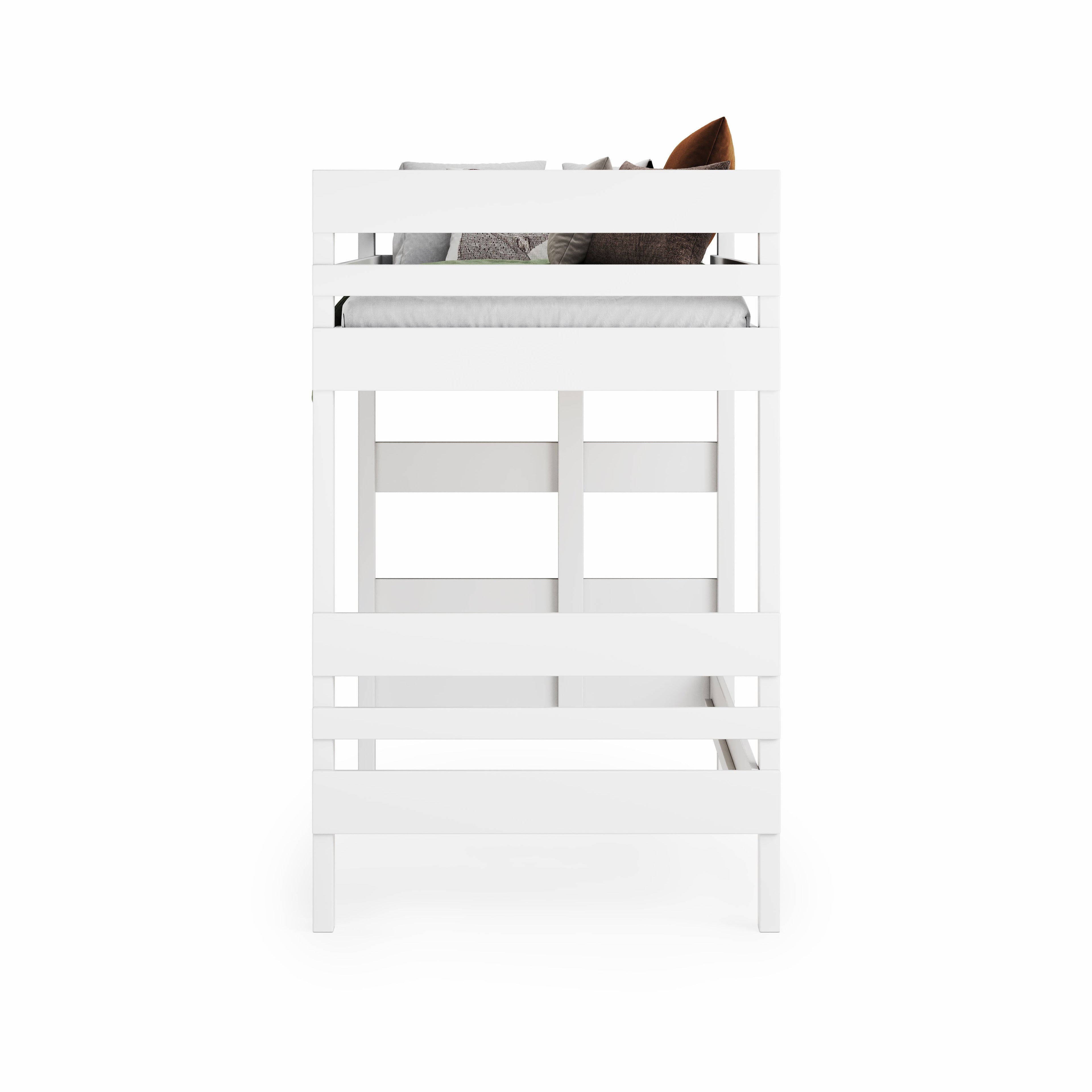 White wooden single loft bed with guardrails and ladder, modern minimalist design.