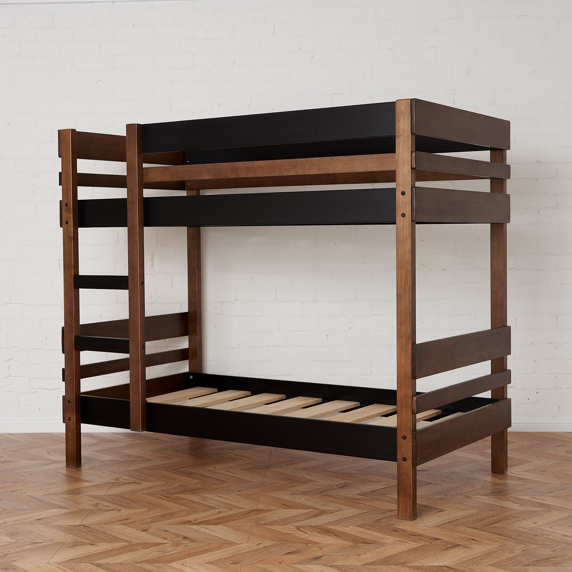 angle view side ladder access bunk bed, no bedding