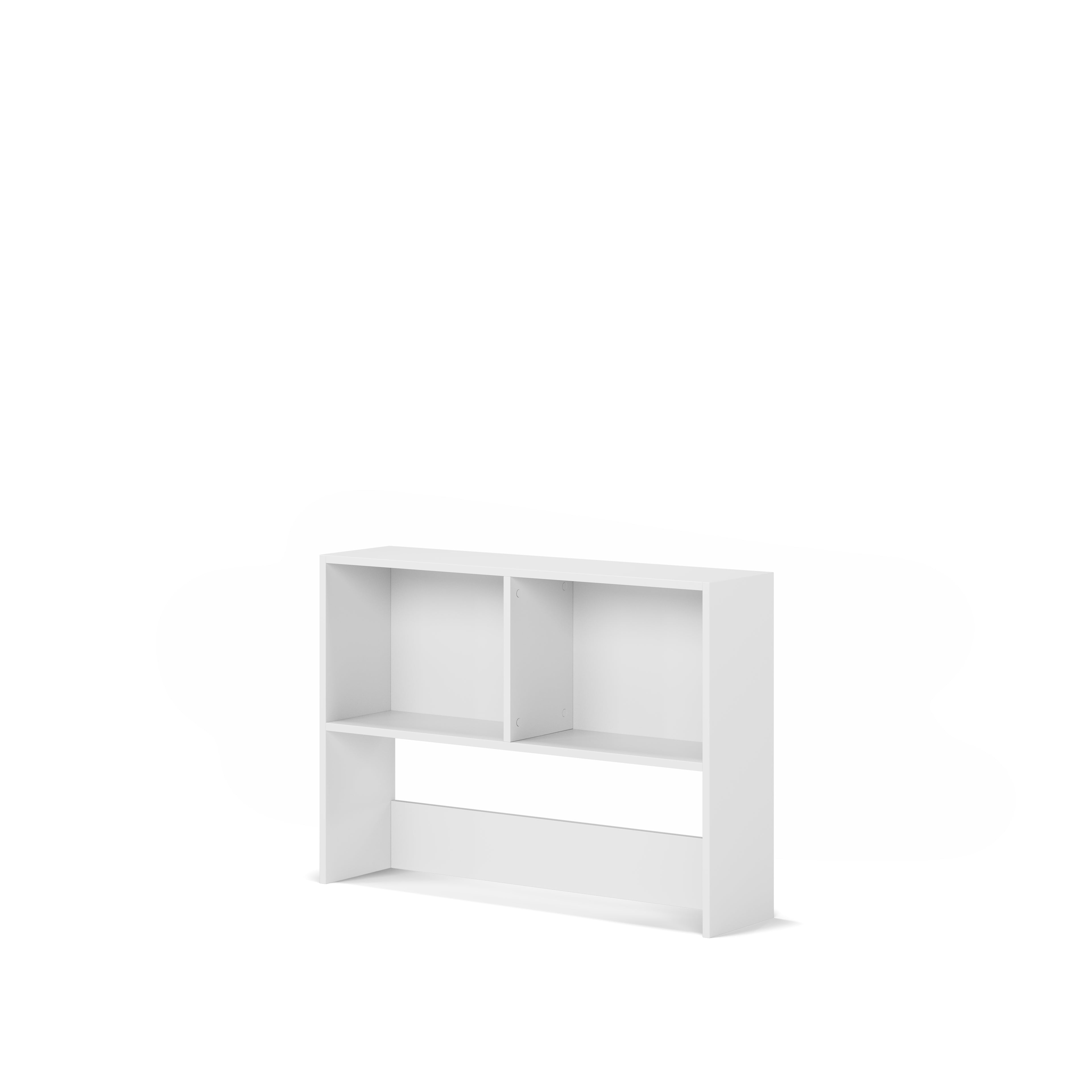 White double loft bed corner desk shelving unit with two open compartments.
