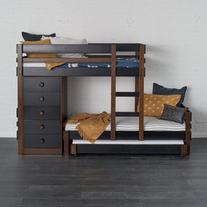 Offset bunk bed with storage chest and handy trundle bed. Milan finish pictured, Elm stain timber with black highlights