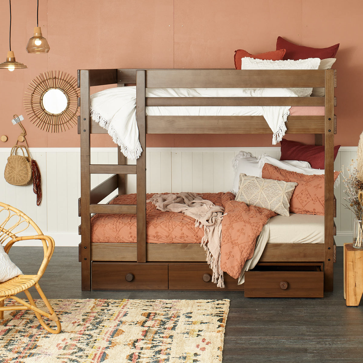 Timber Queen size bunk bed with under bed storage drawers in elm finish
