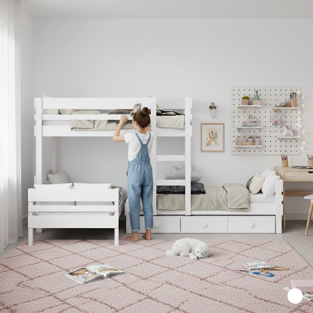 bunk beds offset along wall