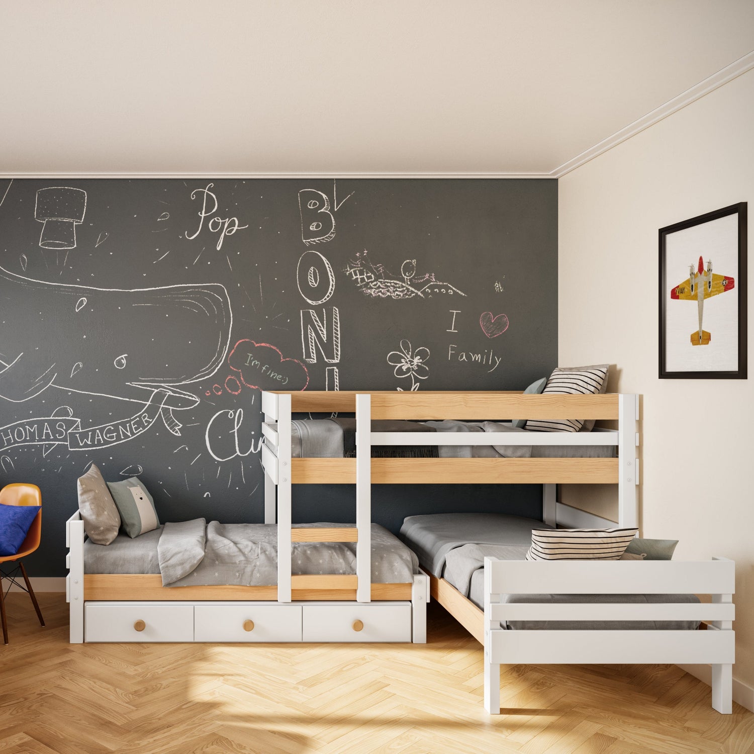 Great kids room with bunk bed that has 3 beds plus storage