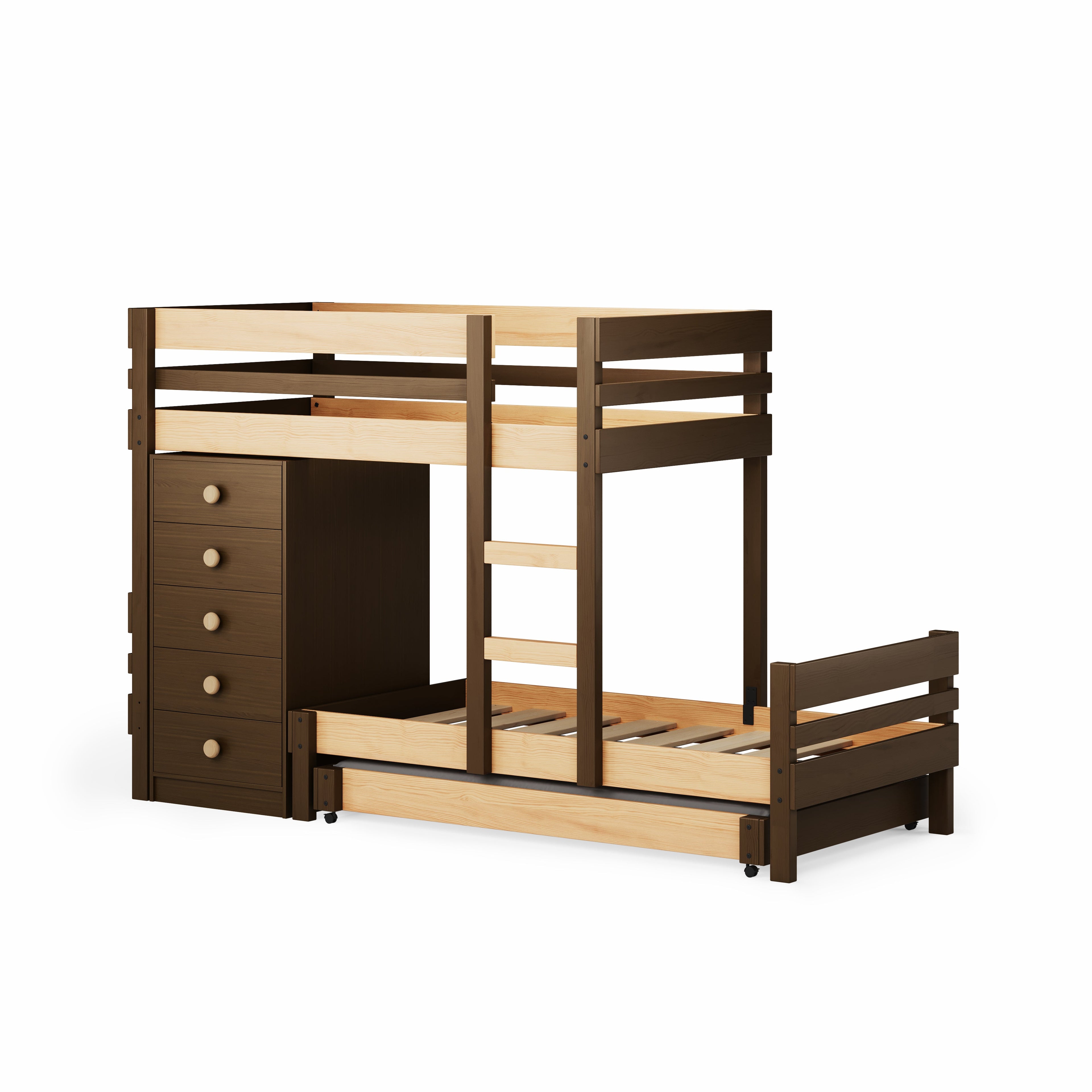 Commercial setting bunk bed with extra trundle sleeping solution and deep drawer chest storage