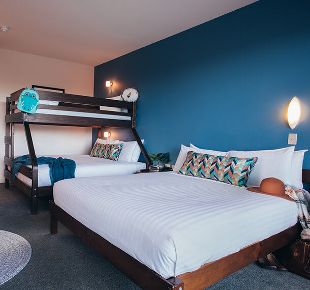 Port Lincoln Hotel commercial bunk bed fit-out with Bunkers Queen Bed and Single over Double Bunk Bed