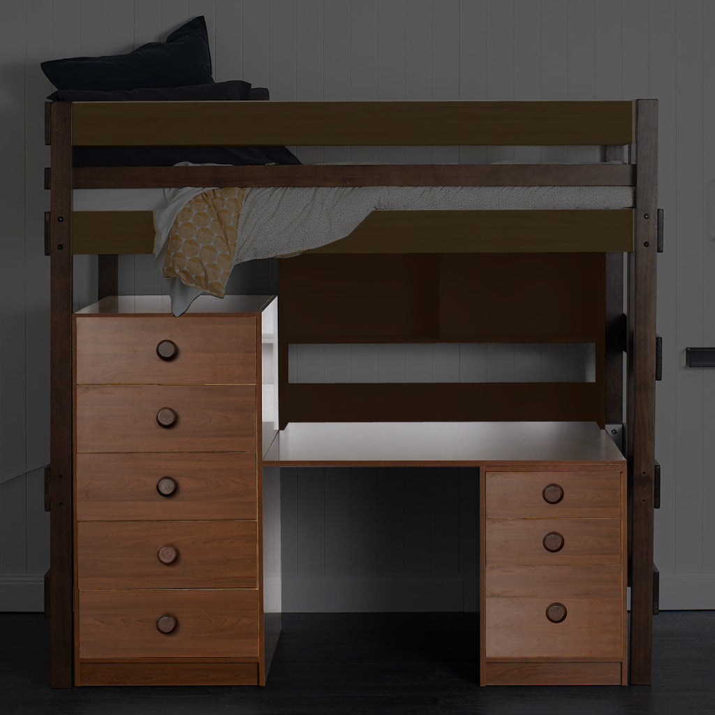 Native elm wooden bunk bed with built-in desk and dual chest drawers.