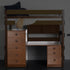 Native elm wooden bunk bed with built-in desk and dual chest drawers.