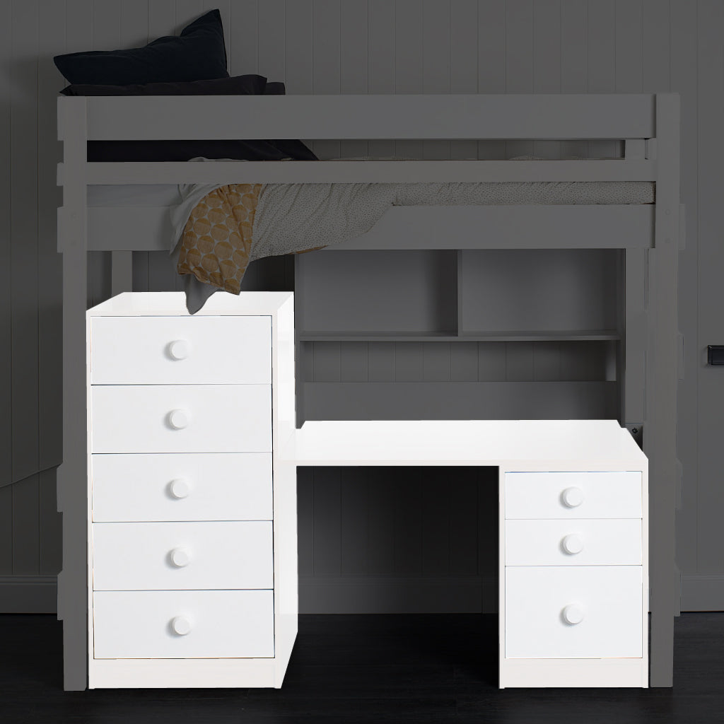 White loft bed with integrated desk, mid-line chest, and small chest drawers underneath.