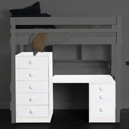 White loft bed with integrated desk, mid-line chest, and small chest drawers underneath.