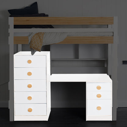 White loft bed with built-in desk and mid-line chest featuring round wooden handles.