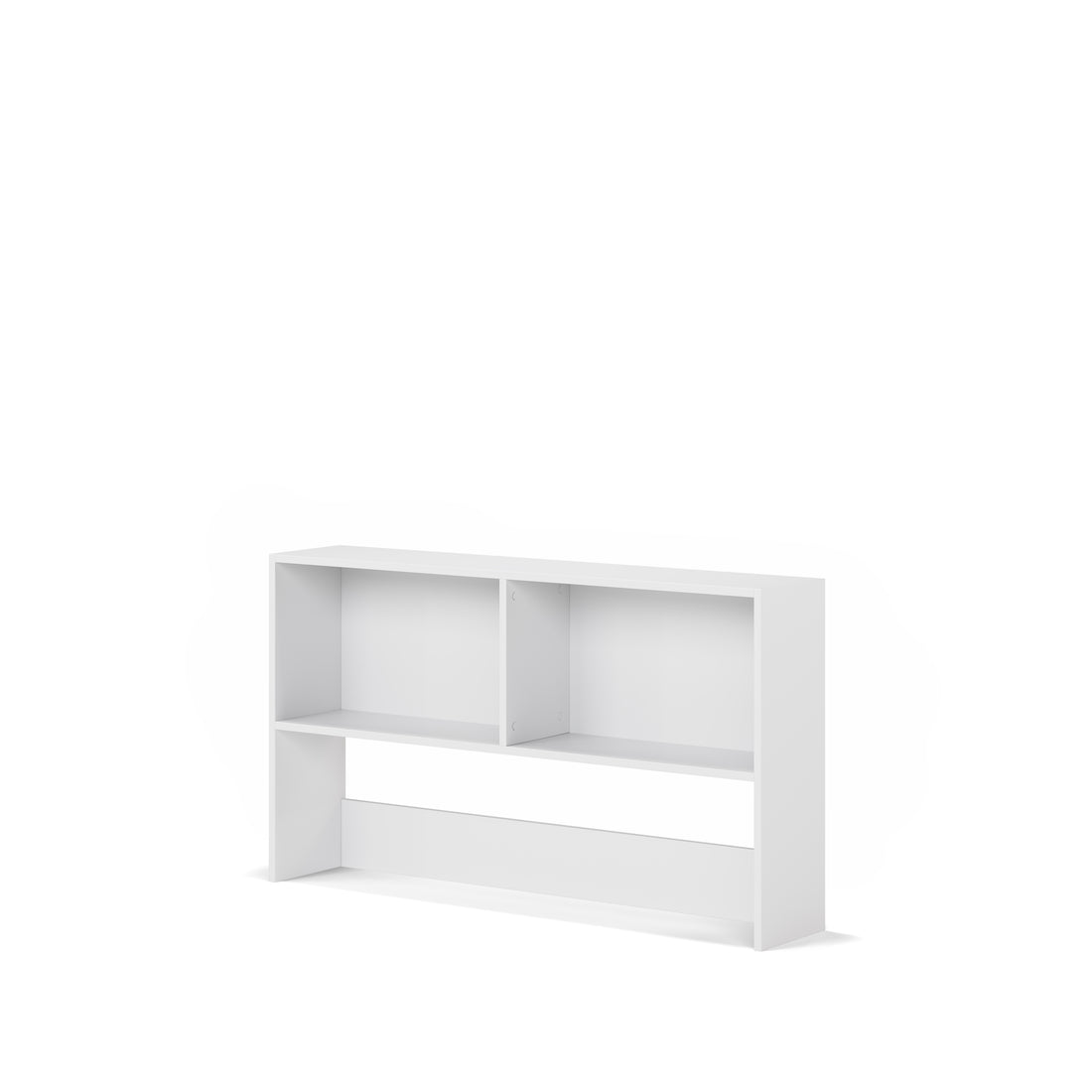 White wooden bench bookcase with open shelving, suitable for loft bed or bunk bed storage.