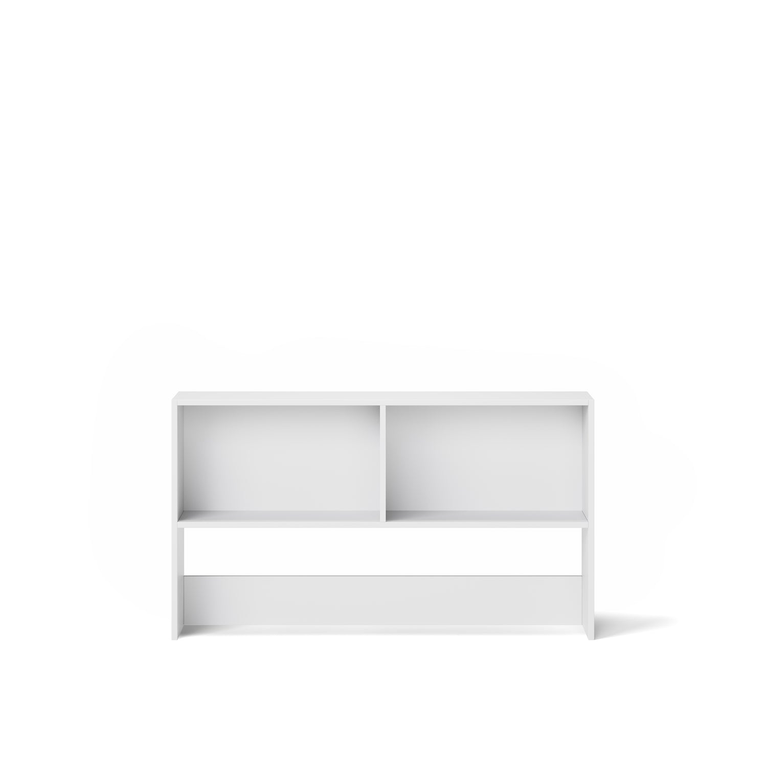 White bench bookcase with two open shelves, designed to fit under a bunk bed or loft bed.