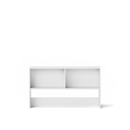 White bench bookcase with two open shelves, designed to fit under a bunk bed or loft bed.