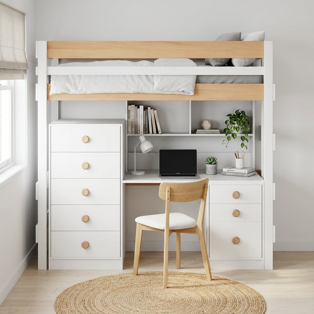 Wooden bunk bed with desk and drawers in a room setting