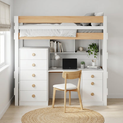 Wooden bunk bed with desk and drawers in a room setting