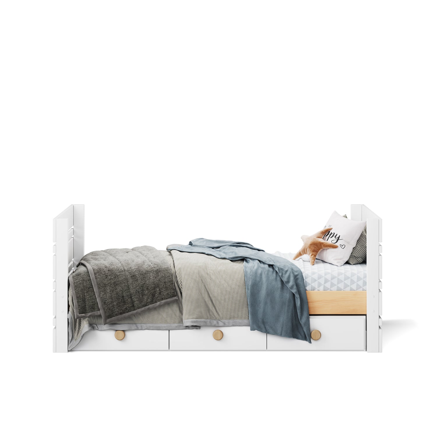 White single captains bed with under bed drawers, layered grey and blue bedding, and decorative pillow.