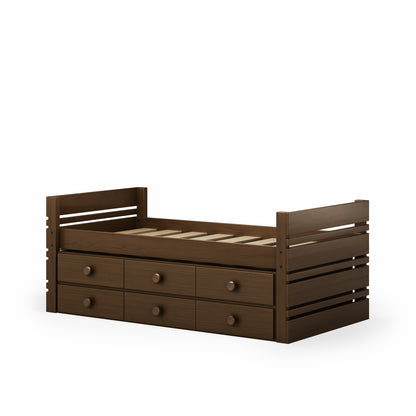 Dark wood captain’s bed with slatted sides and six built-in drawers underbed storage.