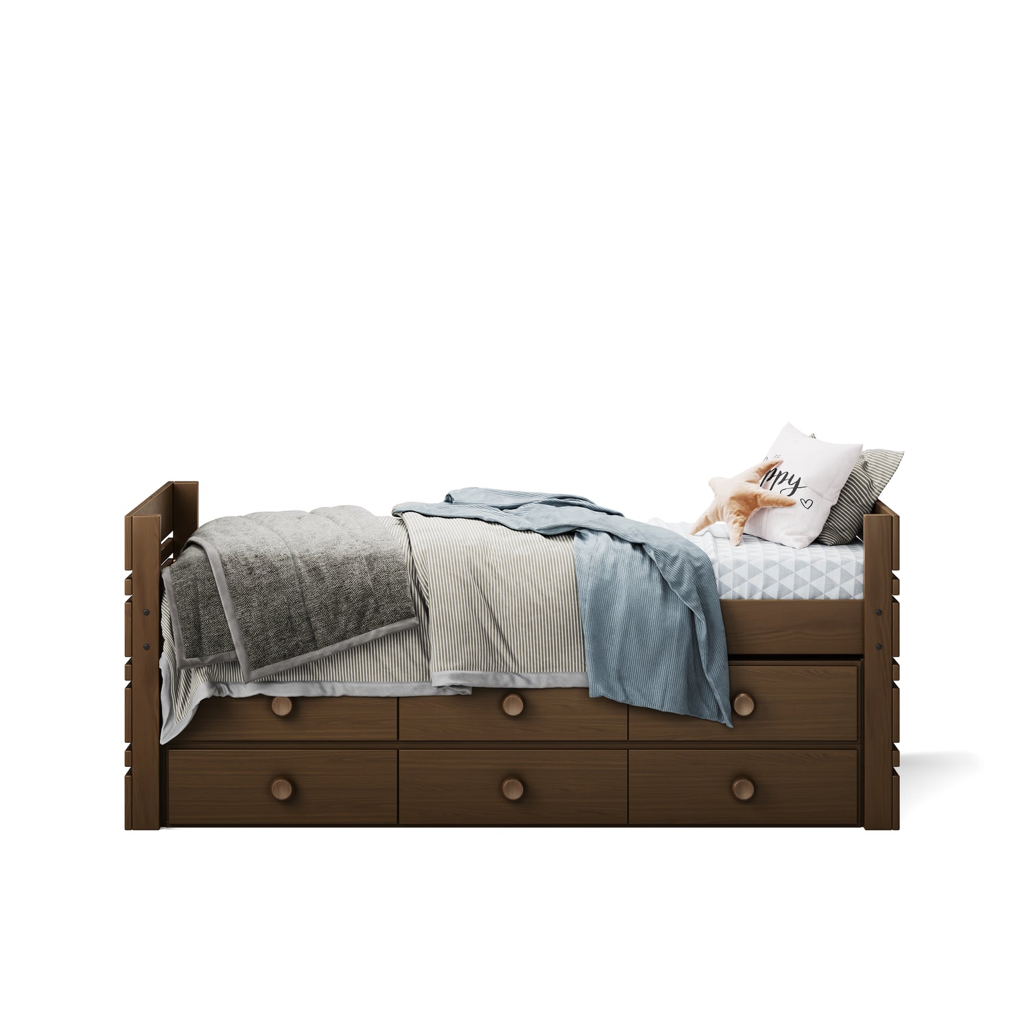 Native Elm Captain’s Bed with three under-bed drawers, neutral bedding, and pillows.