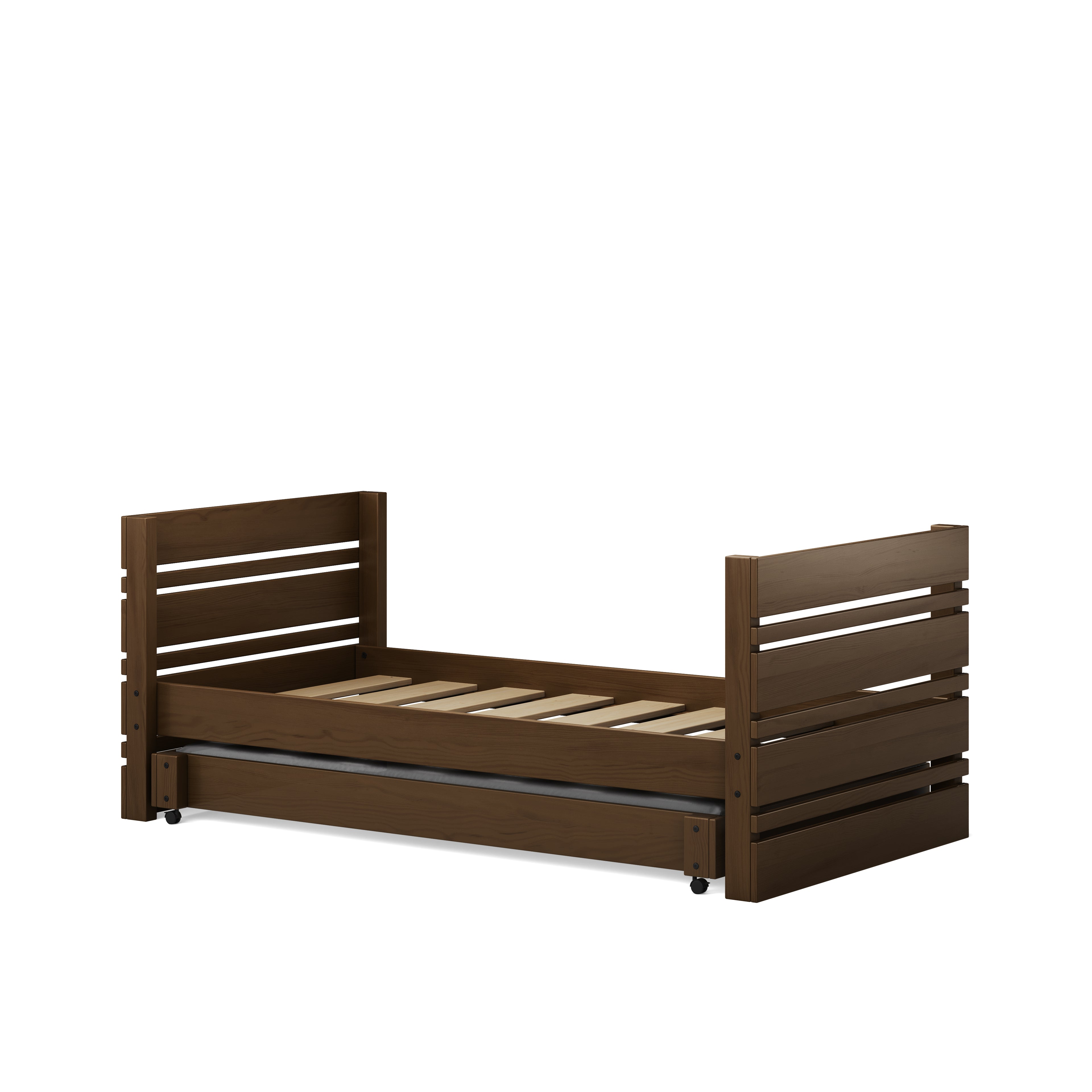 Native elm captains bed with slatted headboard, footboard, and underbed storage drawer on casters.