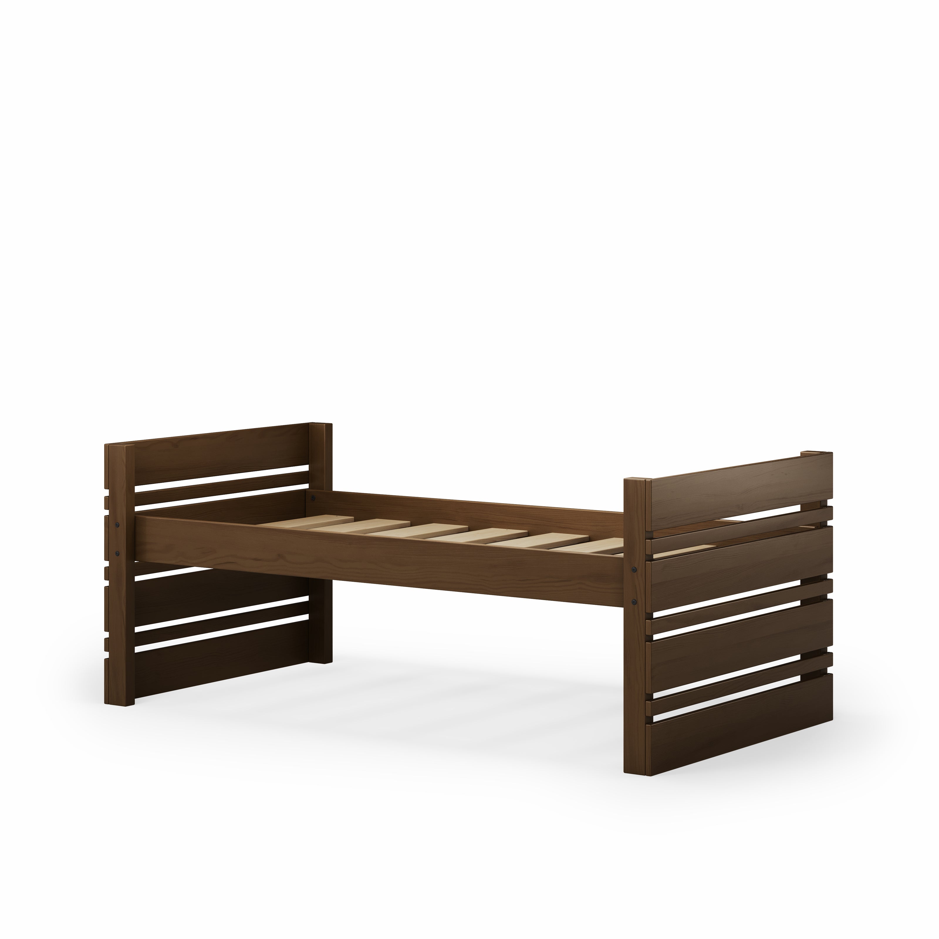 Dark wood single captain's bed frame with slatted head and footboards and slatted base.