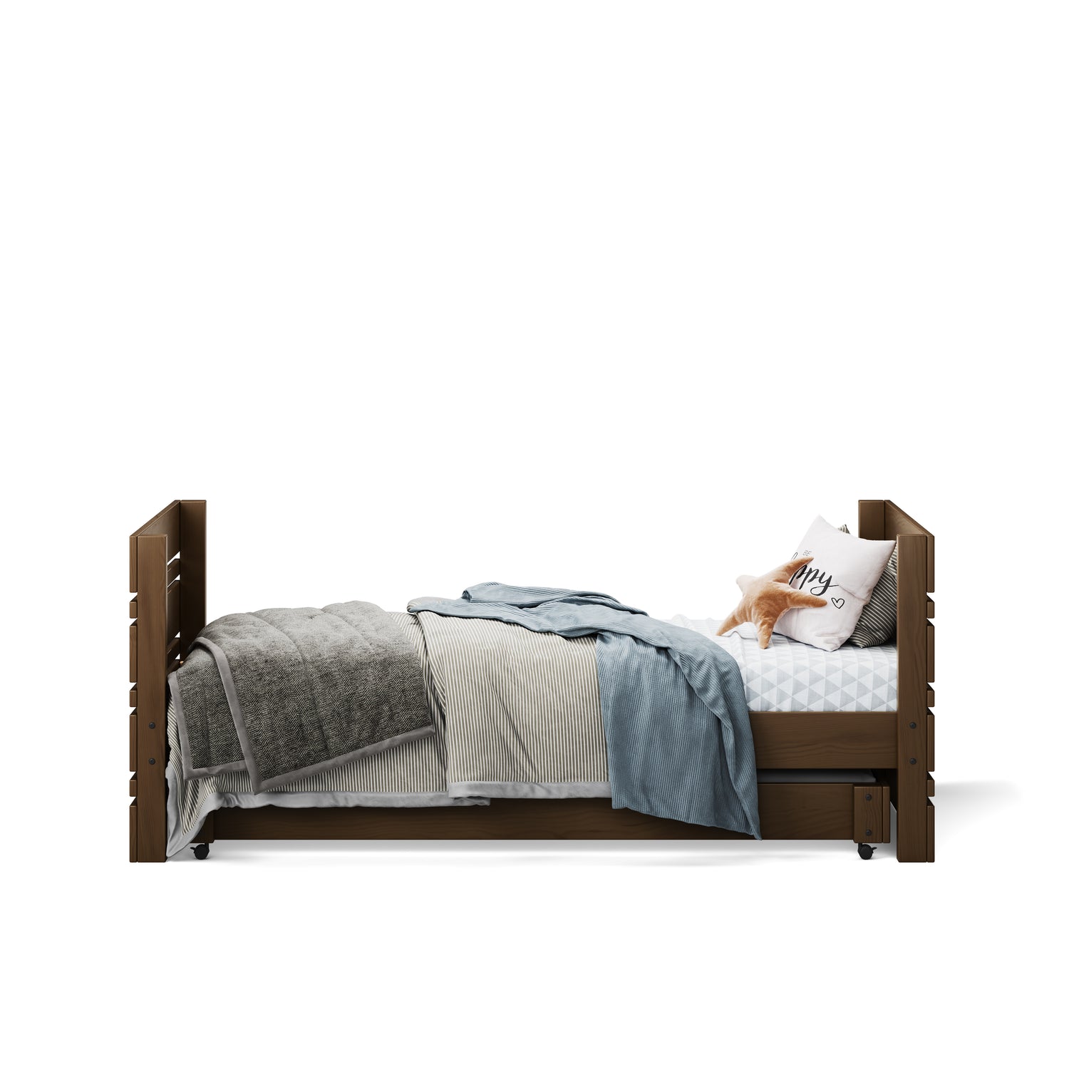 Native elm captains bed with raised panels and bedding including blue and gray throws and white pillow with text.
