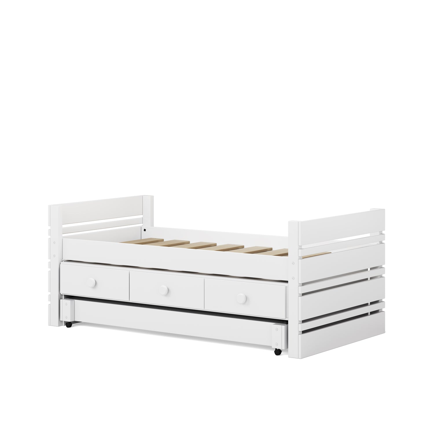 White single captains bed with three under-bed drawers and slatted headboard and footboard.