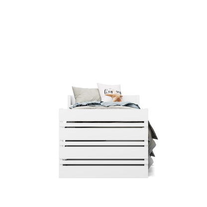 White single captain bed with horizontal slatted front panel and grey bedding.