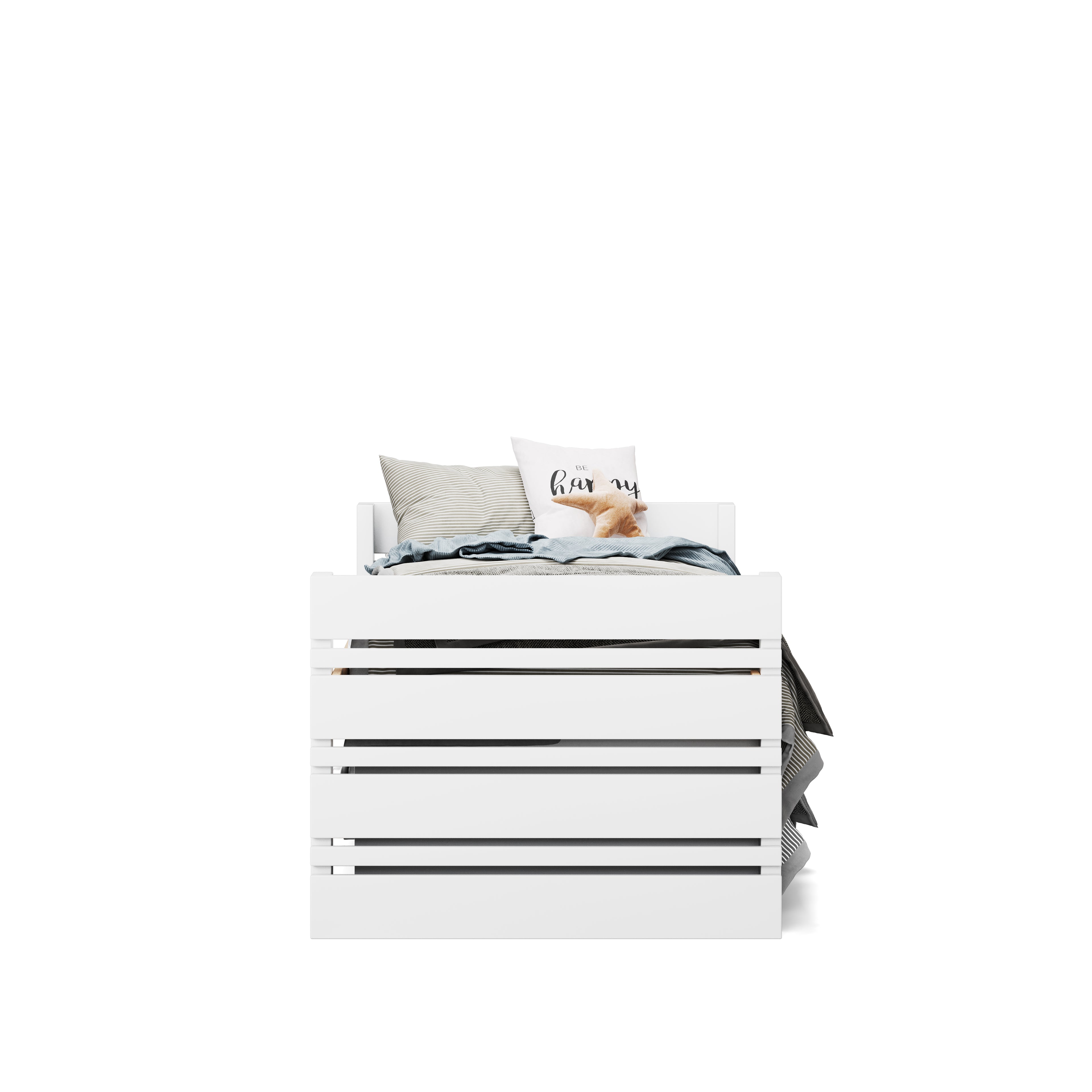 White single captains bed with under bed drawers and simple slatted design.