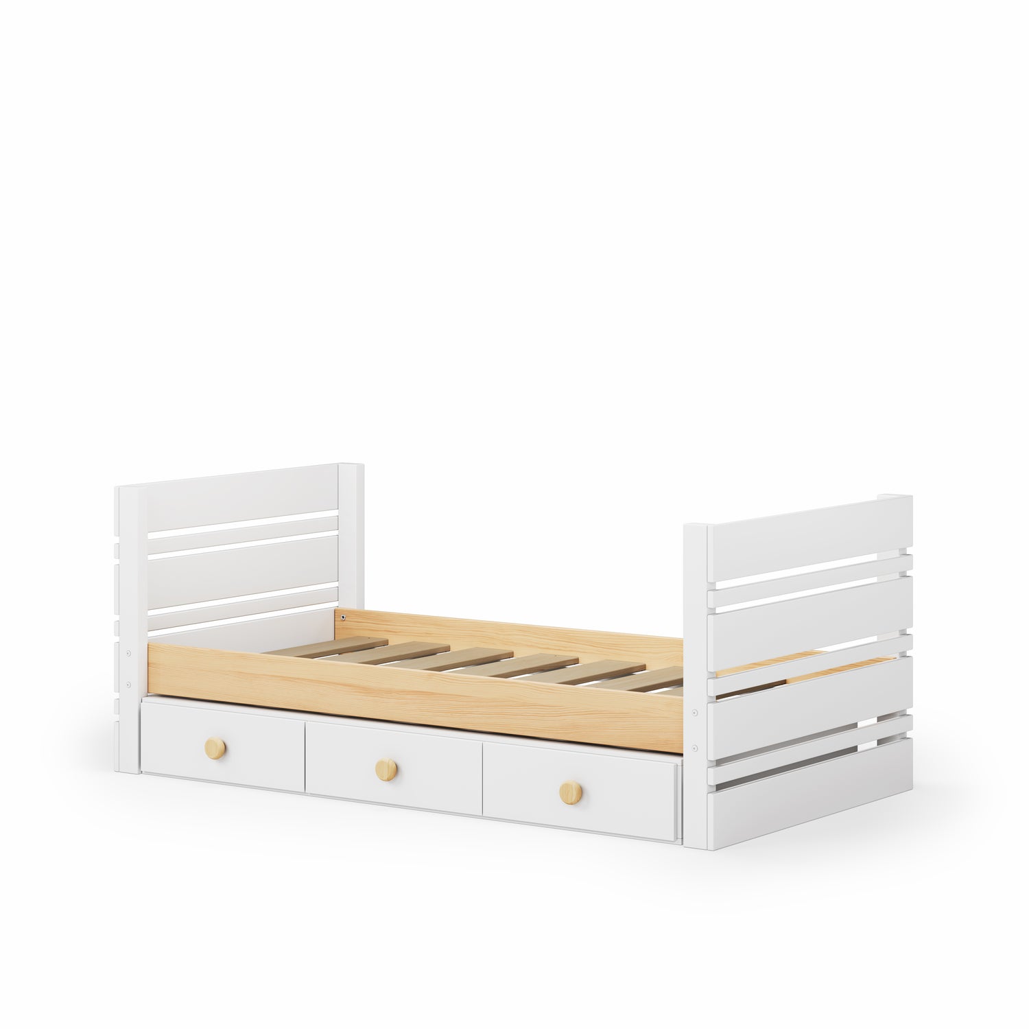 White captain’s bed with wooden slats and three built-in drawers on the base.