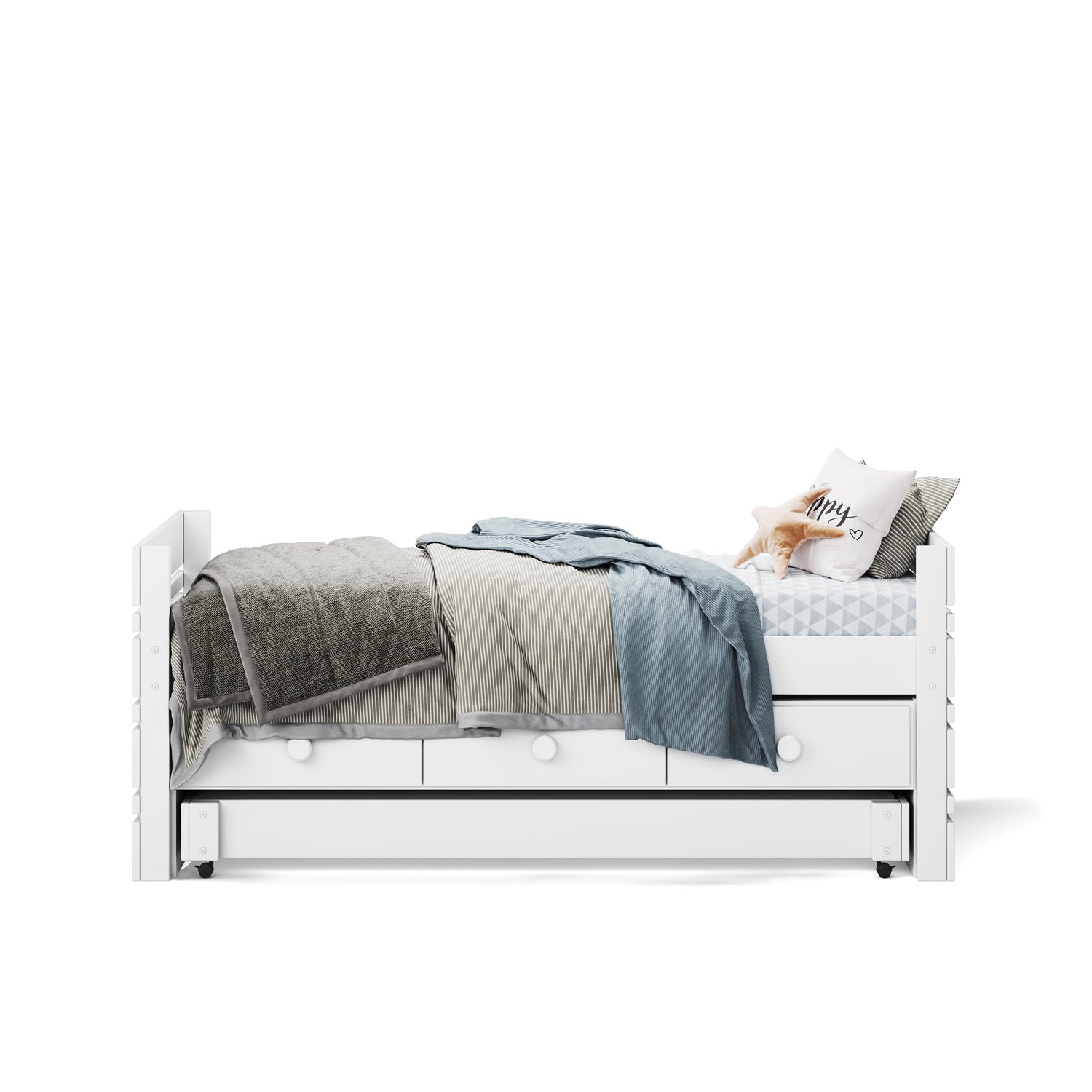White single captains bed with under bed drawers and grey, beige, and blue bedding.