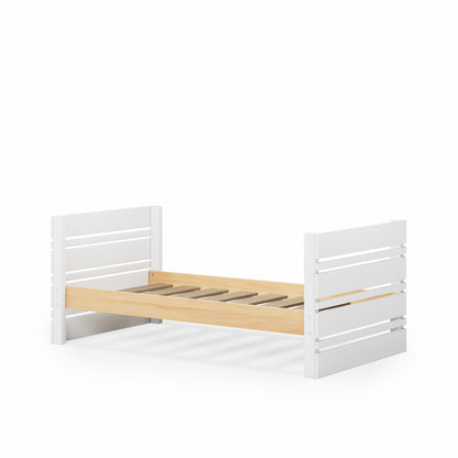 White wooden single captains bed frame with slatted base and paneled head and footboards.