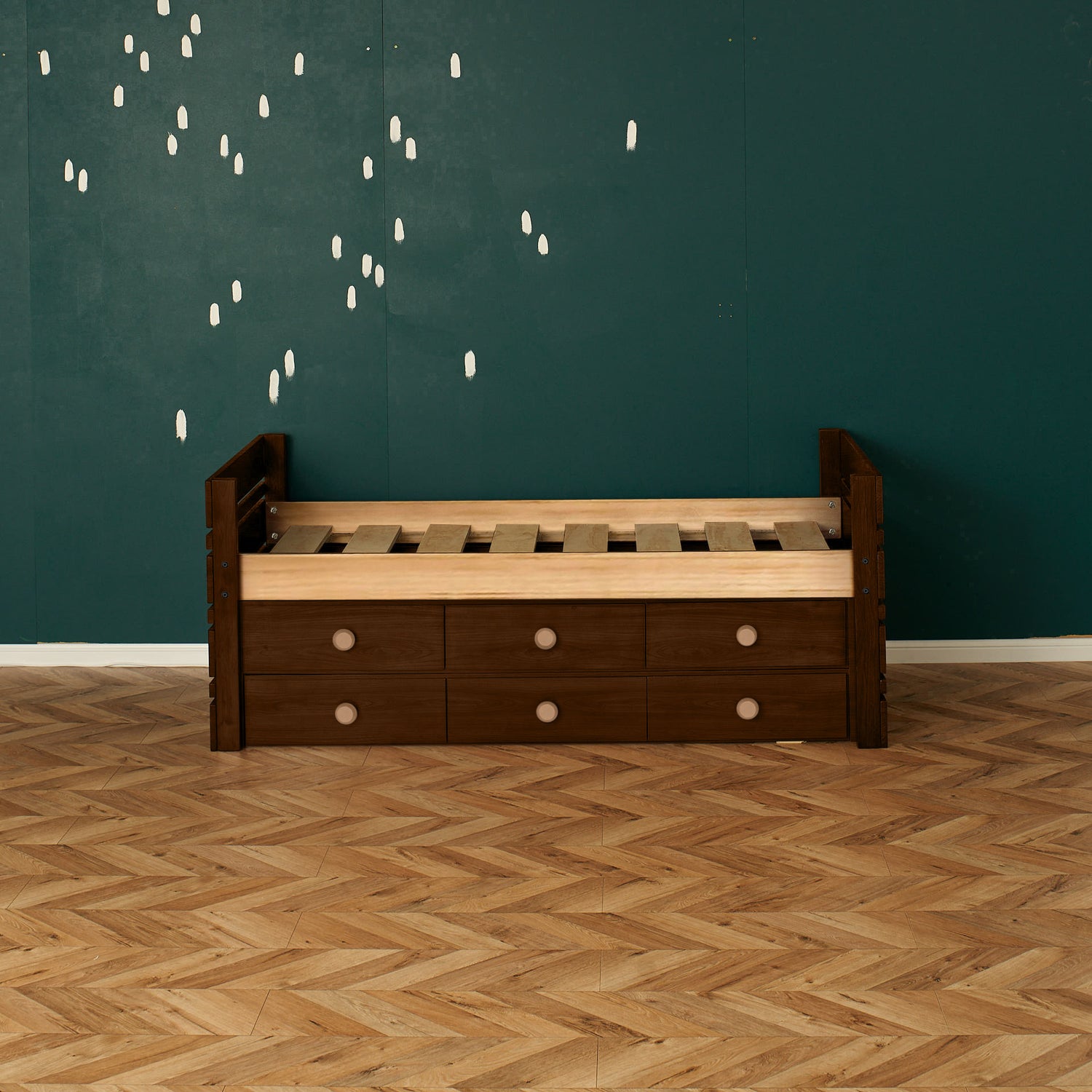 Native elm captains bed with six under bed drawers and slatted base against teal wall.