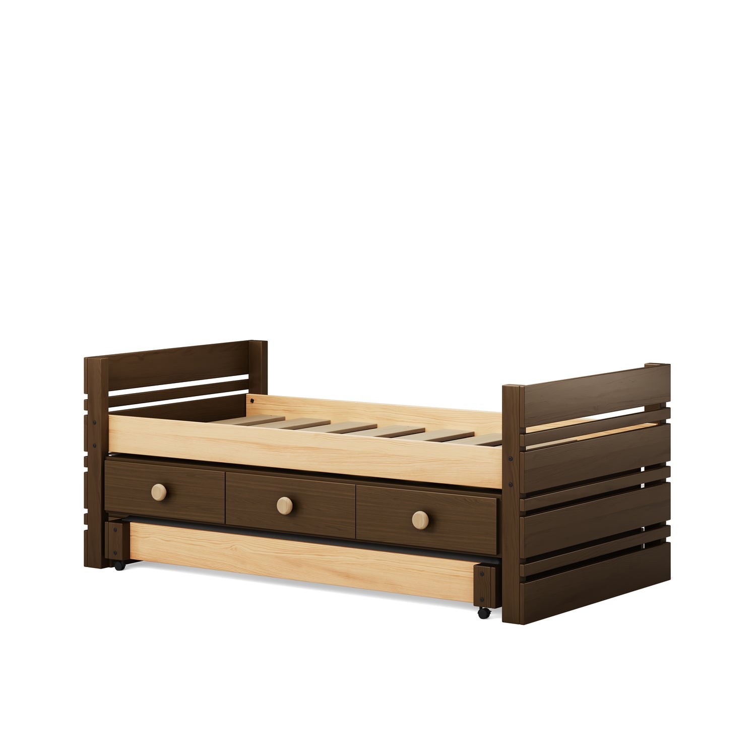 Native Elm captain’s bed with dark brown frame, light wood base, and three under-bed drawers with round handles.