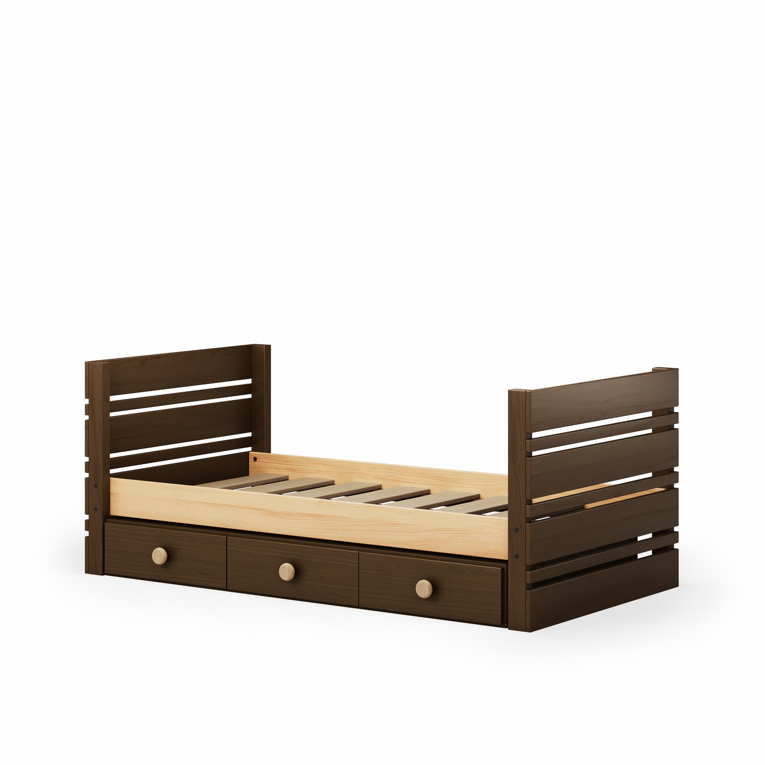 Native Elm captains bed with integrated three under-bed drawers and slatted sides.