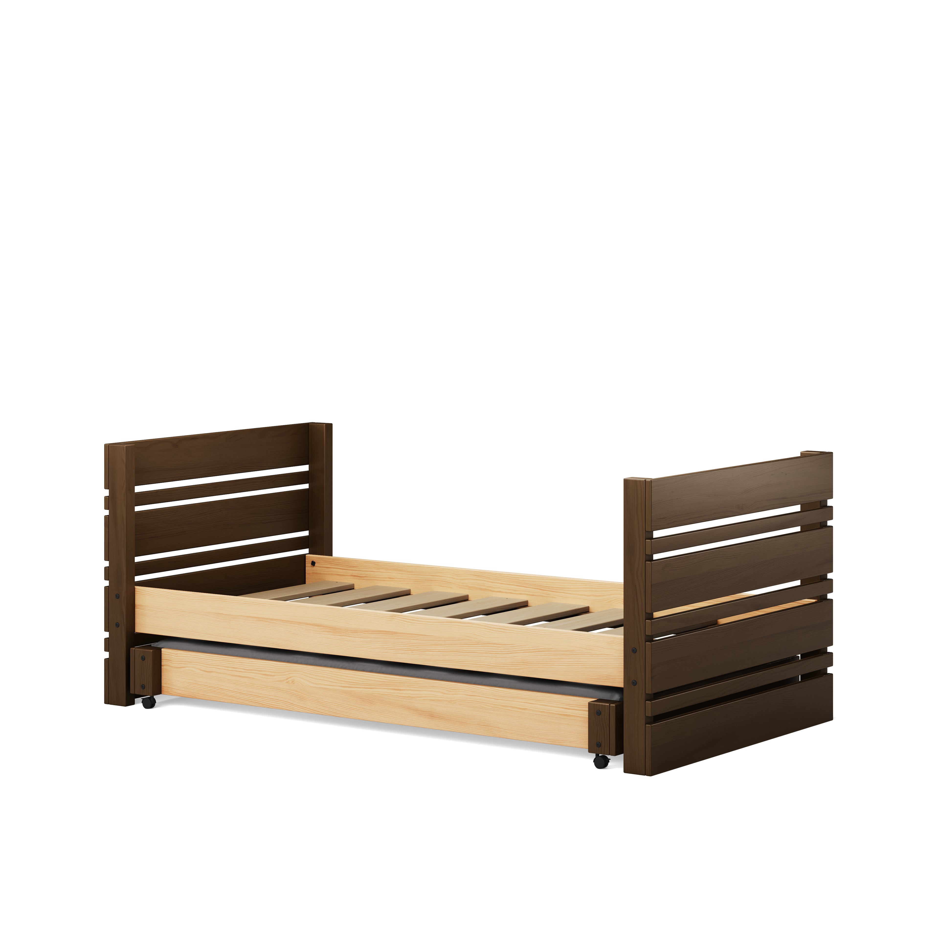 Native Elm captains bed with slatted base and pull-out trundle drawer under frame.