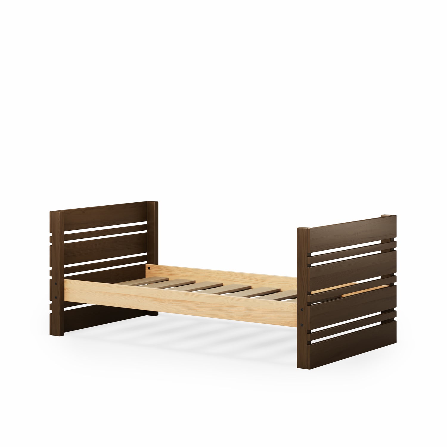Captain bed frame in native elm finish with slatted headboard and footboard, single size.