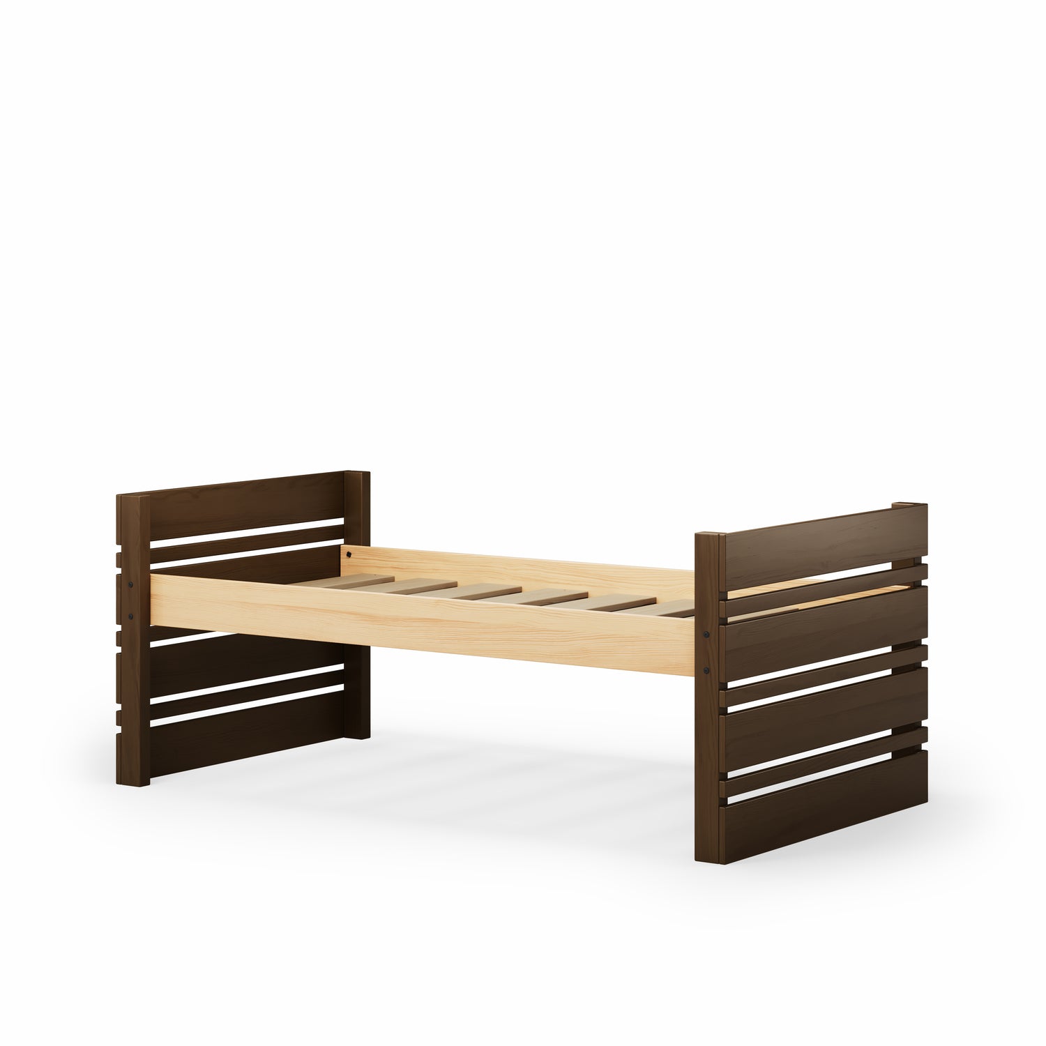 Captain bed frame in native elm finish with slatted headboard and footboard, single size.
