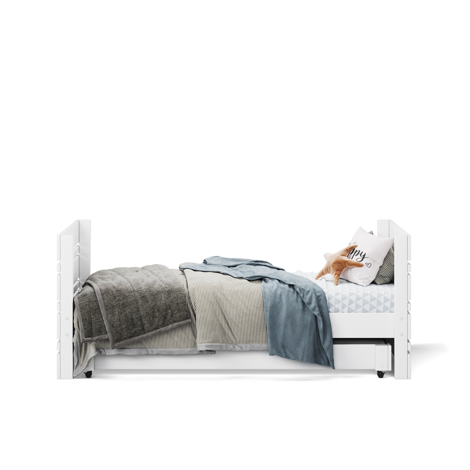 White single captains bed with under bed drawer, layered gray and blue blankets, and decorative pillow.