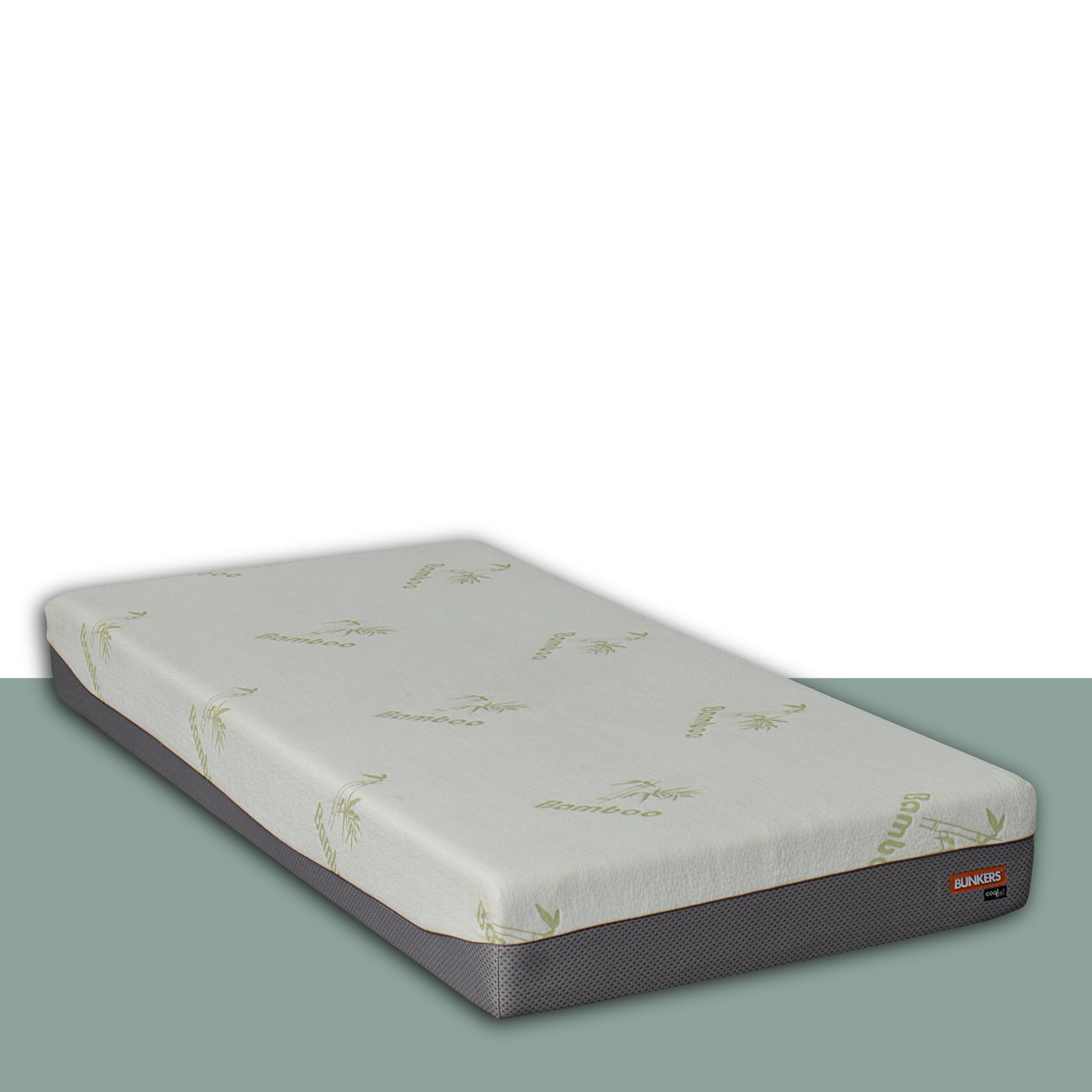 Single-size CoolGel mattress with white top and gray base, suitable for bunk bed or loft bed.