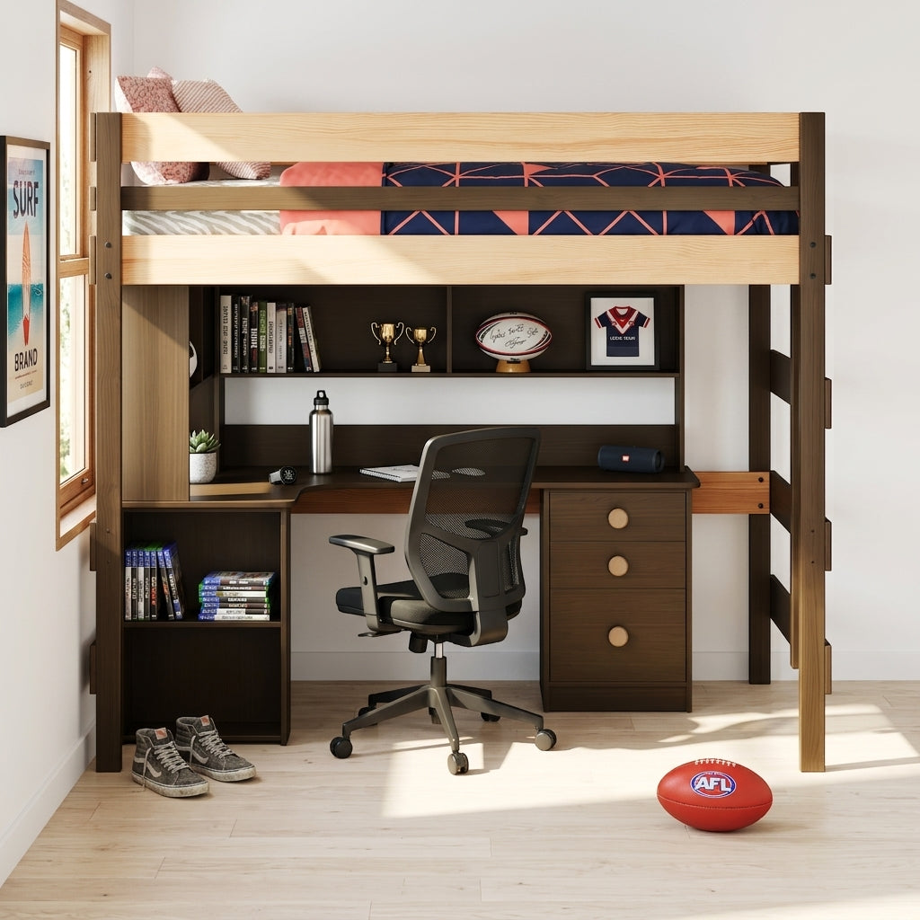 Wooden loft bed with desk and chair in a room setting