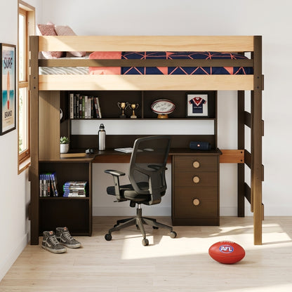 Wooden loft bed with desk and chair in a room setting