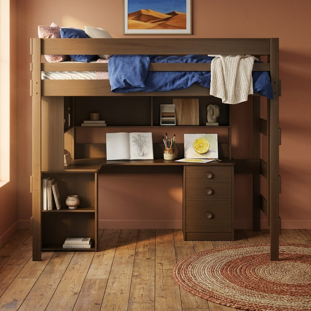 Wooden bunk bed with desk and shelves in a room with a painting on the wall.