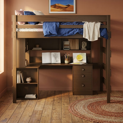 Wooden bunk bed with desk and shelves in a room with a painting on the wall.