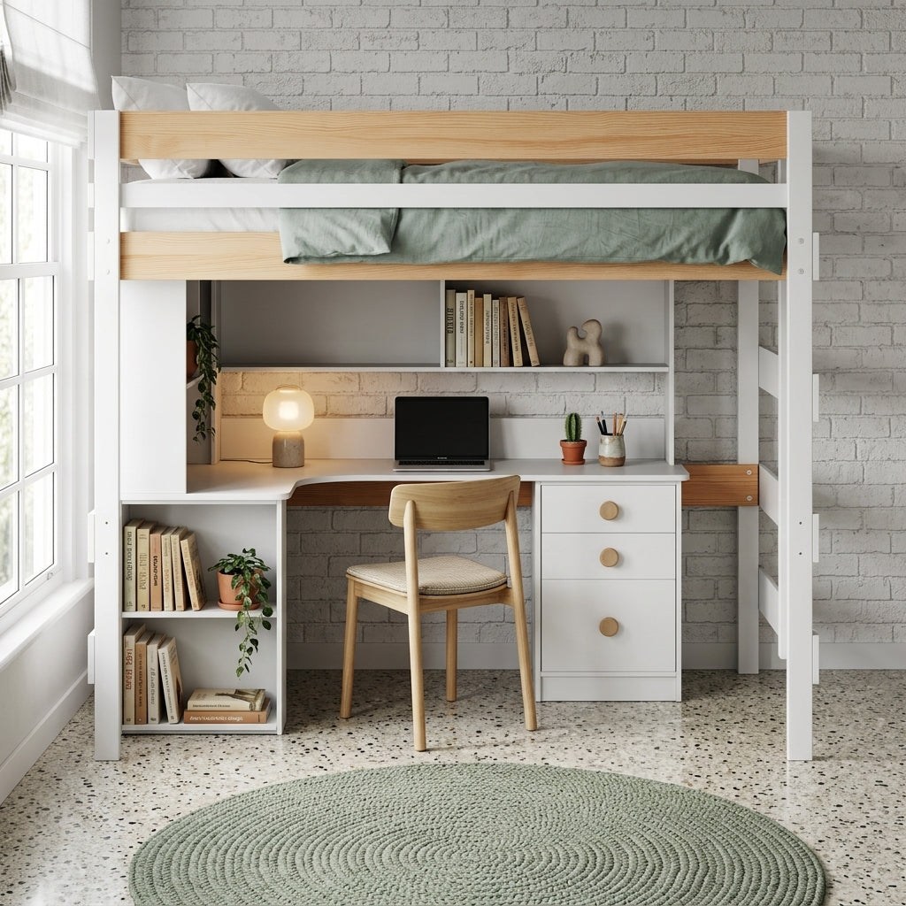 Bunk bed with desk and chair in a room with white brick walls and large windows.