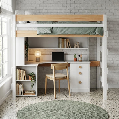 Bunk bed with desk and chair in a room with white brick walls and large windows.