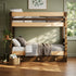 Wooden bunk bed with bedding and drawers in a room with a window and plant.