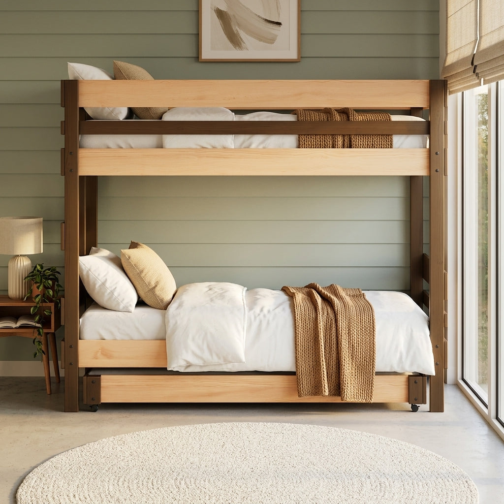 Wooden bunk bed with bedding in a room with a window and lamp.