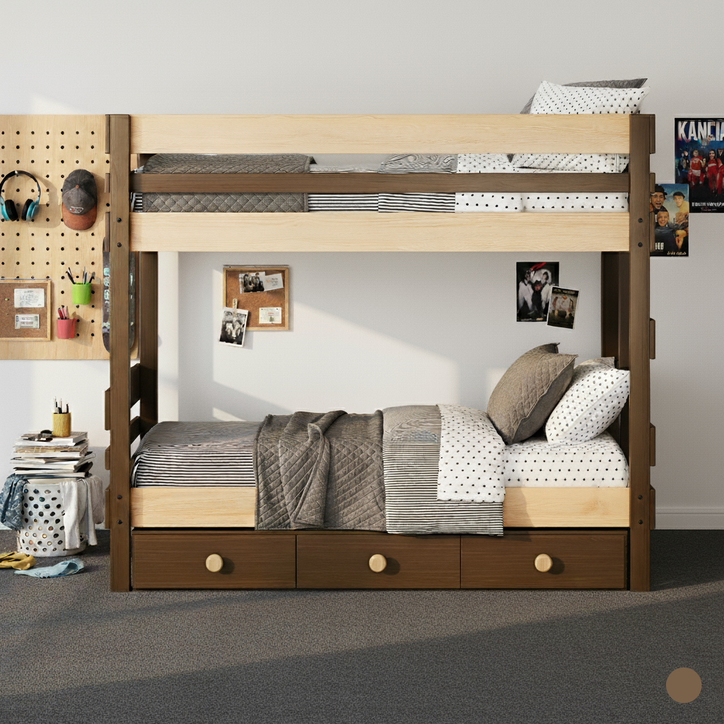 Wooden bunk bed with storage drawers in a Hobart bedroom setting.