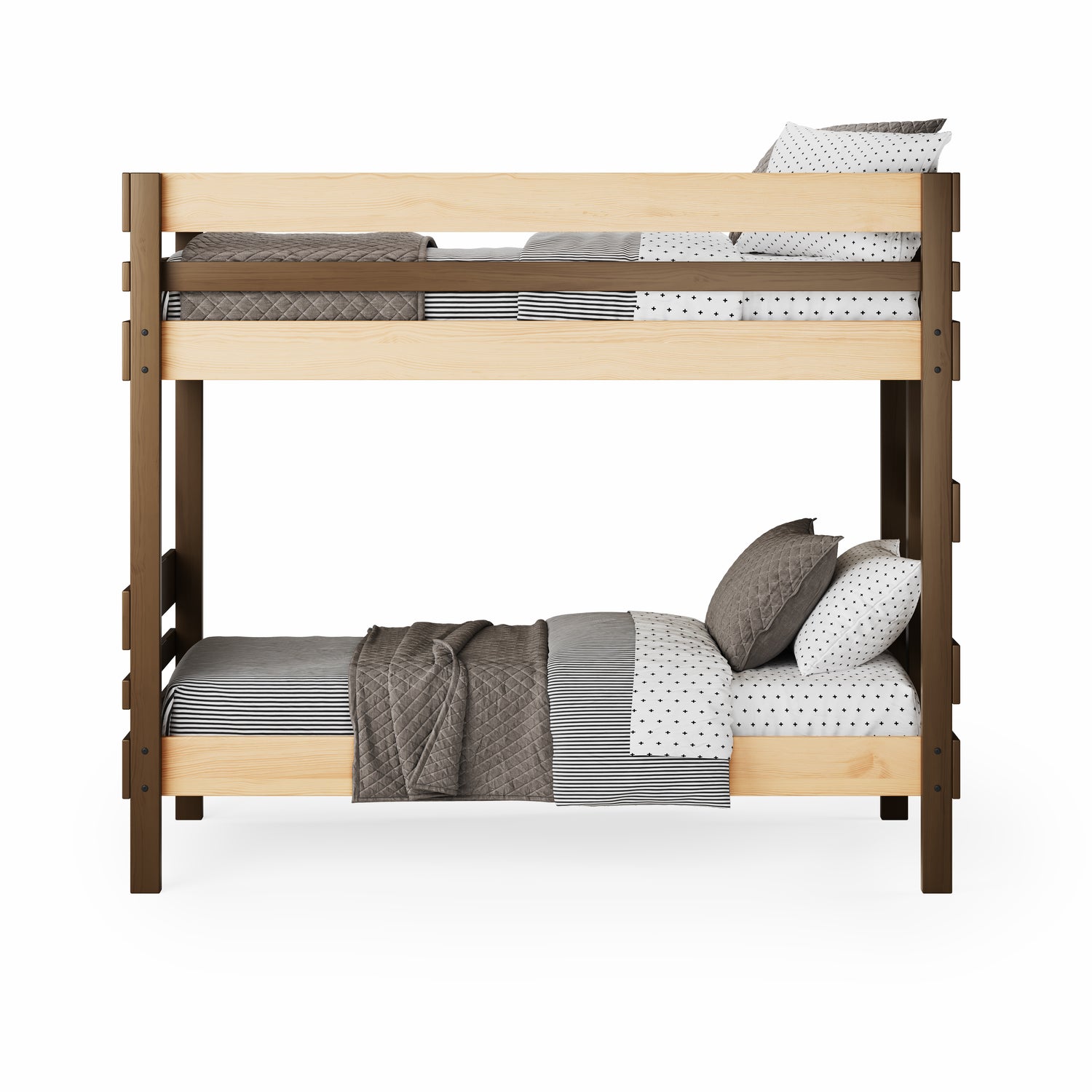 Native elm and dark wood bunk bed with simple slatted design and grey bedding.