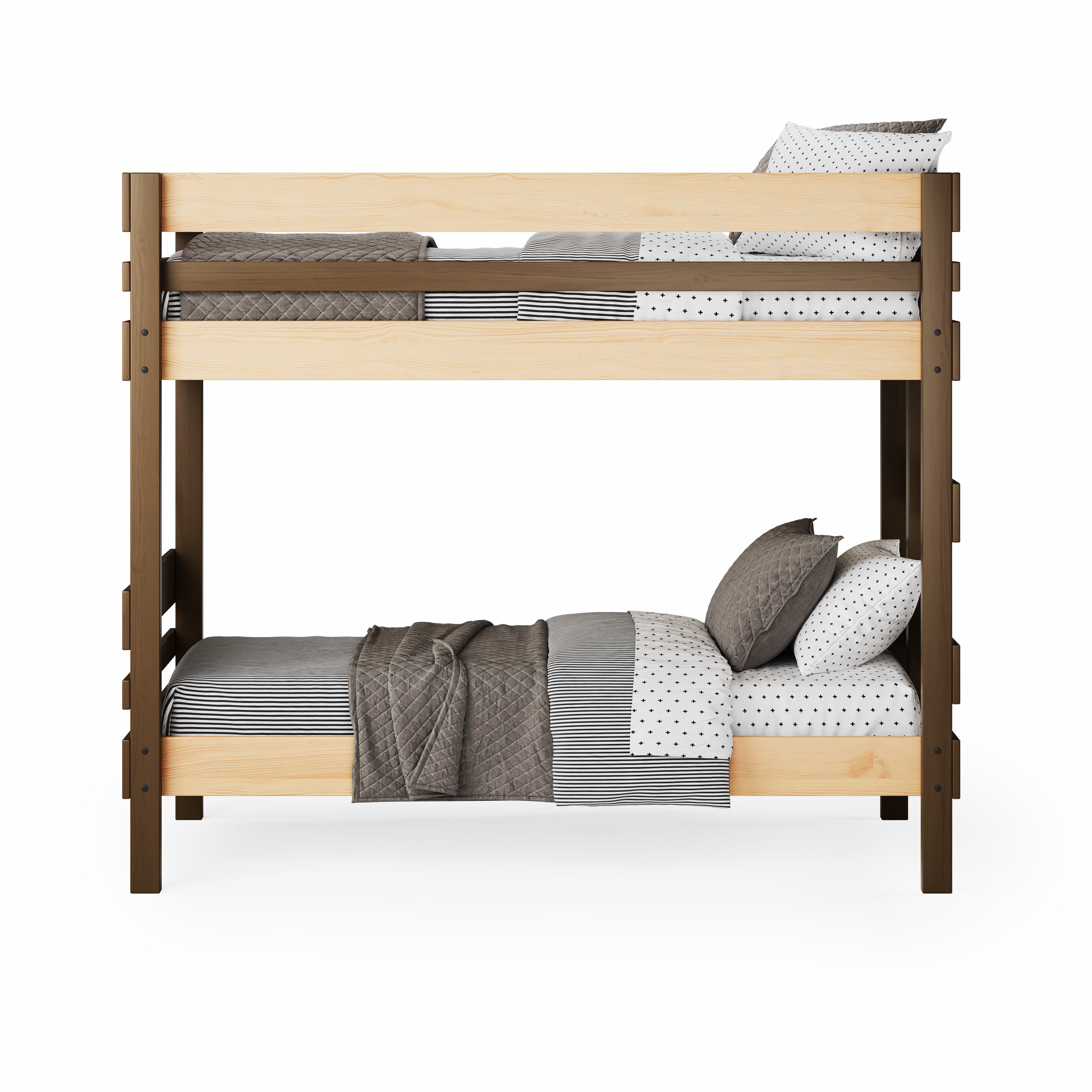 Native elm and dark wood bunk bed with simple slatted design and grey bedding.